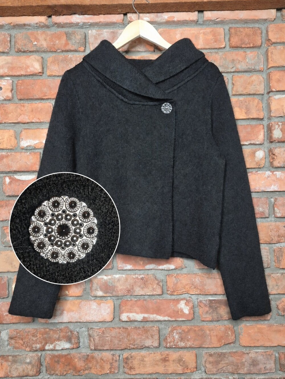 Adrienne Vittadini Wool Blend Draped Collar Cardigan Brooch Button Sweater